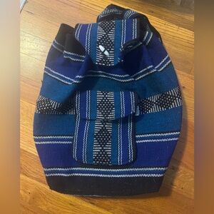 Blue and Black Striped Mexican Blanket Drawstring Backpack NEW